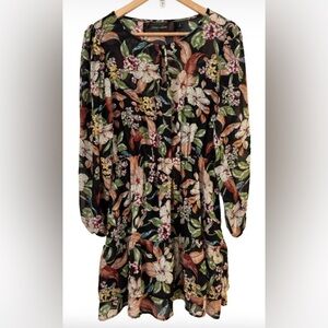 code x mode blk & multi flrl dbl ruffl hem mini drss WM M whimsigoth boho